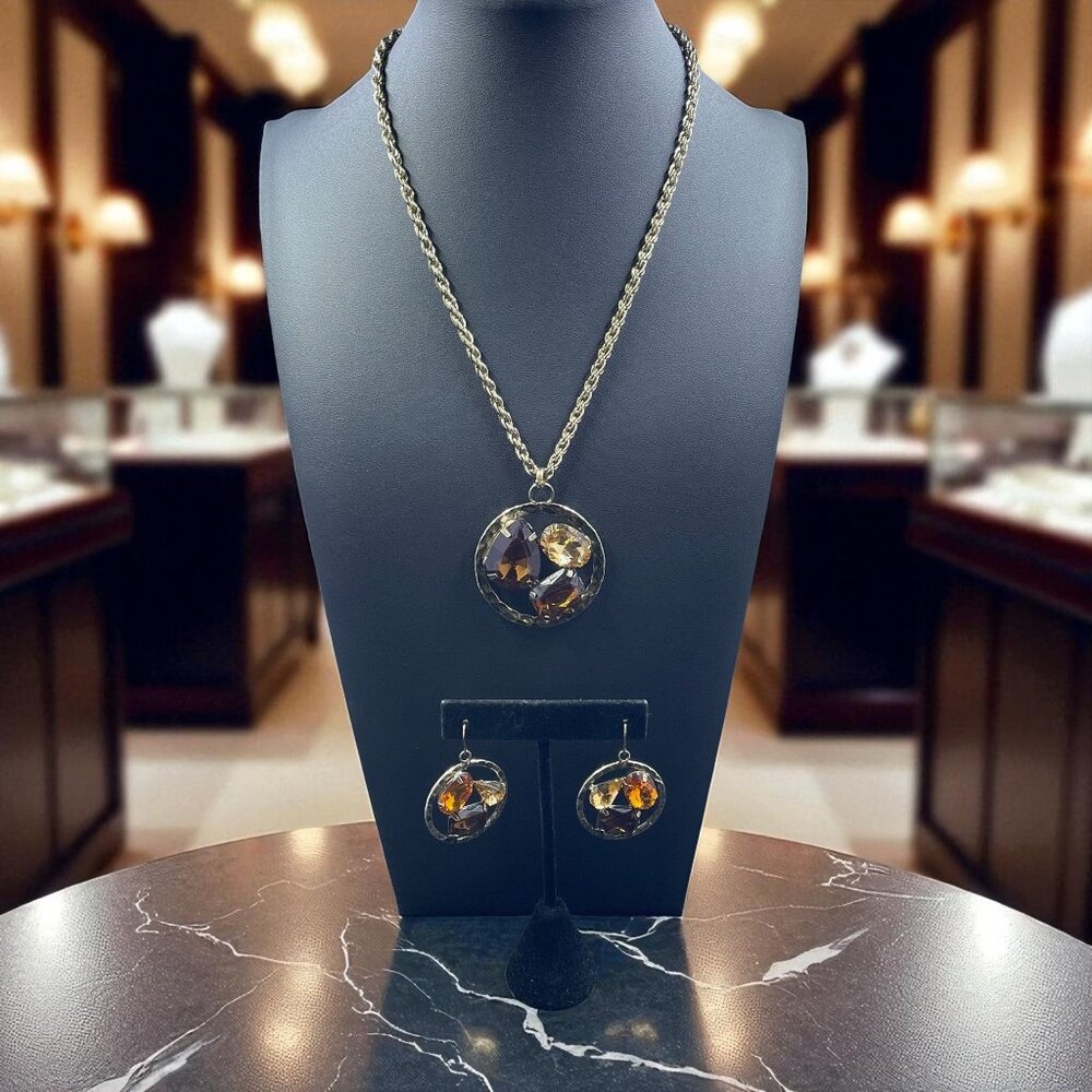 Vintage Gold Rope Chain Necklace & Earrings Set With Amber & Citrine Gemstones